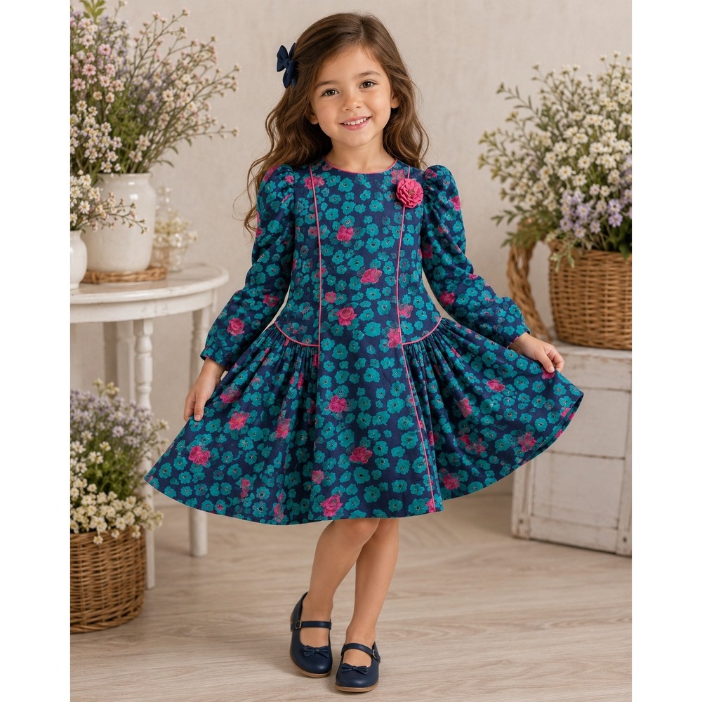 Ruth Of Carolina Floral Dress Girls Size 5 Puff Sleeve Navy Pink Teal Vintage